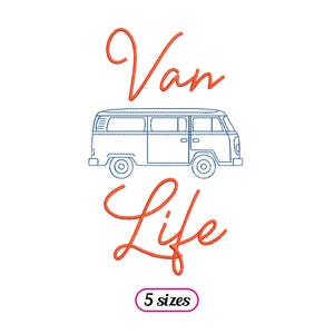 May include: An embroidery design featuring a blue outline of a vintage van with the text "Van Life" in orange cursive lettering. The design is available in five sizes.