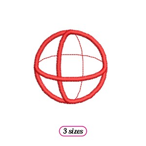 May include: Red embroidered globe design with a simple, geometric style. This design is available in three sizes.