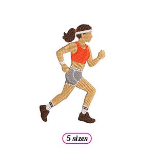 May include: An embroidered design of a person running, wearing a red sports bra, grey shorts, and brown running shoes. The person has a white headband and wristband. The text "5 sizes" is in a pink oval below the runner.