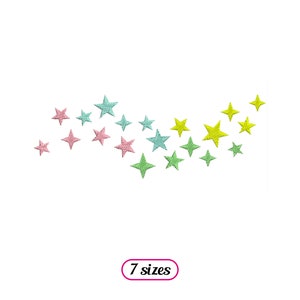 May include: A design of stars in various sizes and colors, including pink, green, and yellow, arranged in a curved line. The text "7 sizes" is below the design.