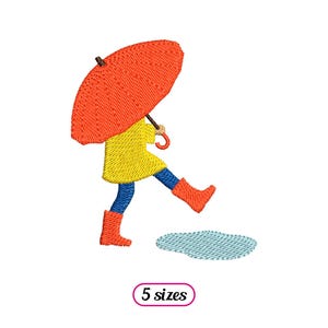 May include: An embroidered design of a person in a yellow raincoat and orange wellington boots holding an orange umbrella, stepping over a puddle. The design is in a cartoon style. The text "5 sizes" is in a pink oval.