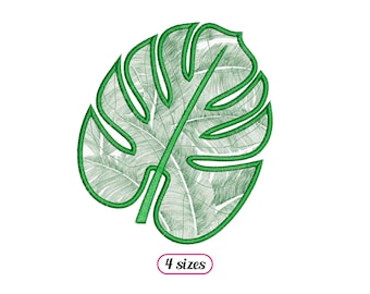 Monstera Leaf Applique Machine Embroidery design – Realistic Tropical Leaf Ribs Stem Applique – Detailed Veins Applique - INSTANT DOWNLOAD