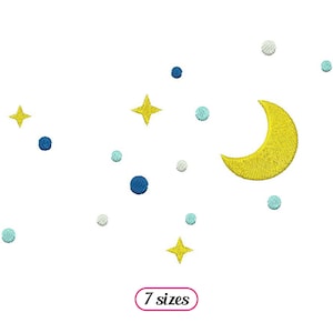 May include: A yellow crescent moon with a yellow five-pointed star and blue and light blue circles on a white background. The text "7 sizes" is below the image.