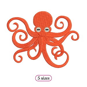 Könnte beinhalten: Orangefarbener Oktopus mit acht gekräuselten Tentakeln, gesticktes Design.