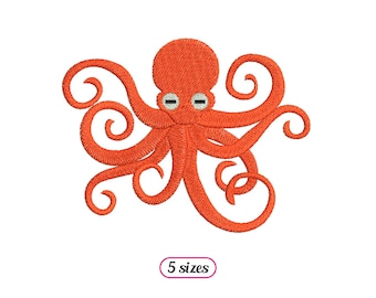May include: Orange octopus with eight curled tentacles, embroidered design.