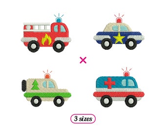 Mini veicoli di emergenza, set di disegni da ricamo a macchina: camion dei pompieri, auto della polizia, camion dei ranger, auto ambulanza - 3 dimensioni - DOWNLOAD IMMEDIATO
