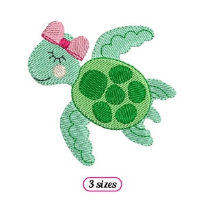 May include: Green and pink embroidered design of a turtle with a bow on its head. The turtle has a closed eye and a pink blush on its cheek. The design is available in three sizes.