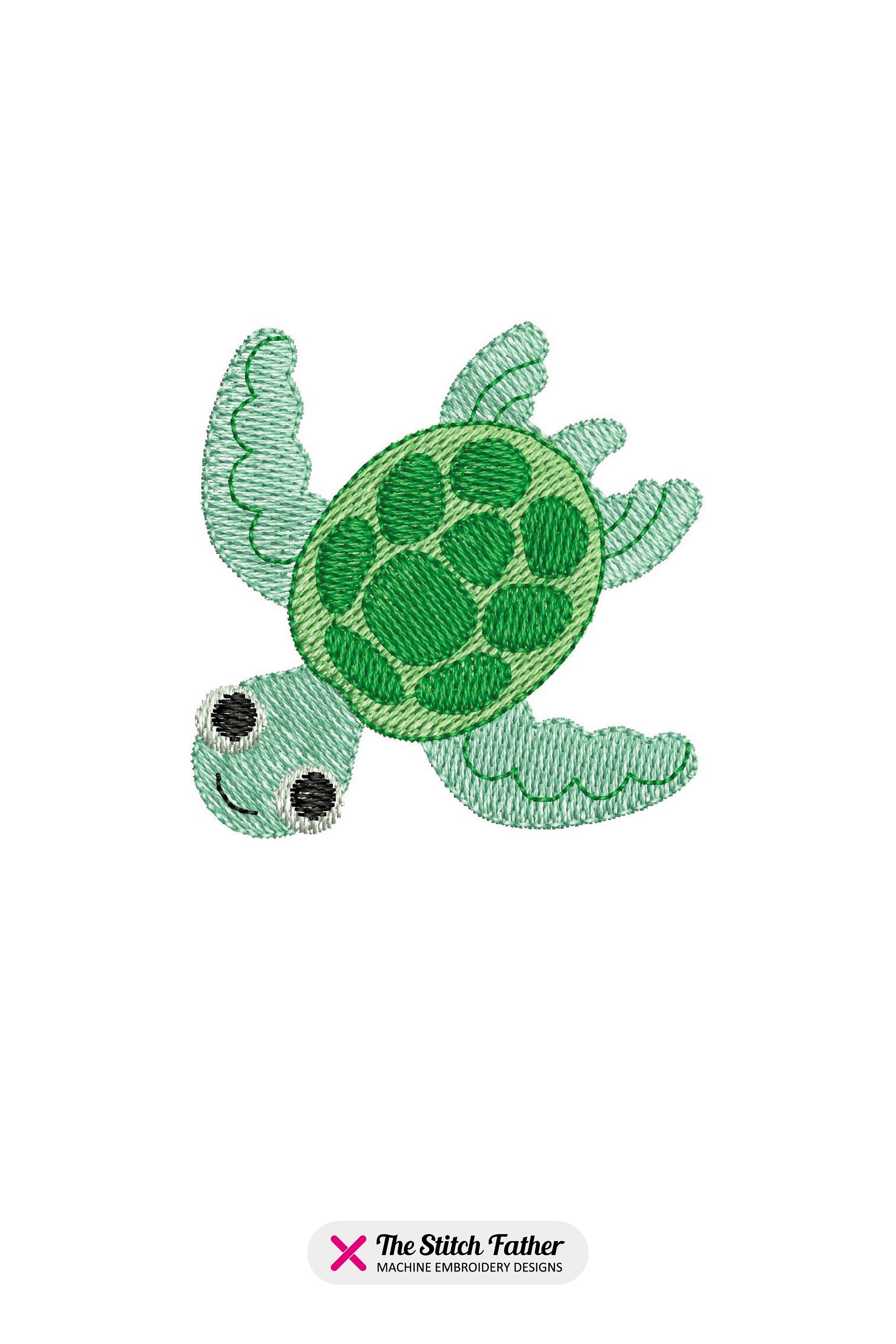 ミニタートル機械刺繍デザイン - かわいい笑顔のカメが泳いでい