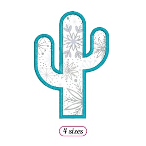 May include: A turquoise blue outline of a cactus with a white background filled with a silver snowflake pattern. The text "4 sizes" is below the cactus.