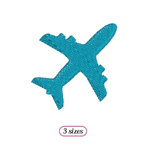 May include: A blue airplane silhouette embroidery design. The design is available in three sizes.
