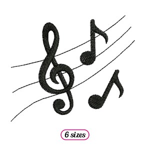 May include: Black and white embroidery design of a treble clef and two musical notes on a staff. The design is available in six sizes.