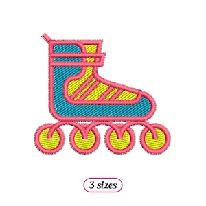 May include: Embroidered design of a blue, yellow, and pink roller skate with four wheels. The design is outlined in pink and has a yellow and blue striped pattern on the skate.