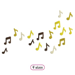 Könnte beinhalten: Ein digitales Stickmuster mit einer Streuung von Noten in Braun, Gelb und Weiß. Das Design ist in vier Größen erhältlich.