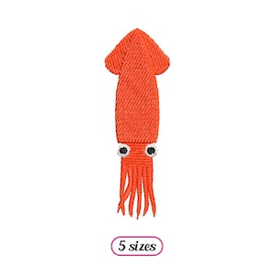 May include: Orange embroidered squid with black eyes. The squid is facing forward with its tentacles spread out.  5 sizes.