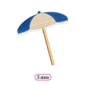 Può includere: Design di parasole ricamato con tettuccio blu e crema e manico in legno. Il parasole ha una frangia decorativa sul bordo. Il testo "5 sizes" è in un ovale rosa.