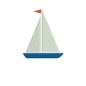 Peut inclure: Un voilier blanc avec une coque bleue et un drapeau orange. Le voilier est un design simple avec une seule voile.