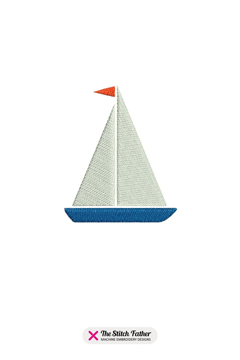 Peut inclure: Un voilier blanc avec une coque bleue et un drapeau orange. Le voilier est un design simple avec une seule voile.