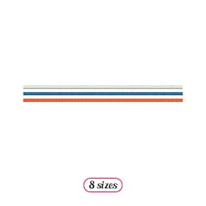 Może przedstawiać: Trzy cienkie paski tkaniny w różnych kolorach. Górny pasek jest jasnoszary, środkowy pasek jest ciemnoniebieski, a dolny pasek jest pomarańczowy. Tekst "8 rozmiarów" znajduje się pod paskami.