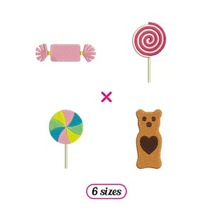 Op de afbeelding: Borduurontwerpen voor een snoepthema. De ontwerpen omvatten een roze snoepje, een rood-witte lolly, een groen-roze-blauwe lolly en een bruine gummybeer met een hart.