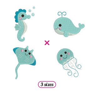 Mini Sea Animals Set Machine Embroidery designs - Seahorse, Whale, Ray, Jellyfish - 3 sizes - INSTANT DOWNLOAD
