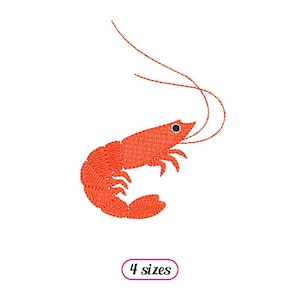 May include: Embroidered design of a red shrimp with long antennae and a black eye. The shrimp is detailed with textured stitching. The image includes the text "4 sizes" in a pink oval.