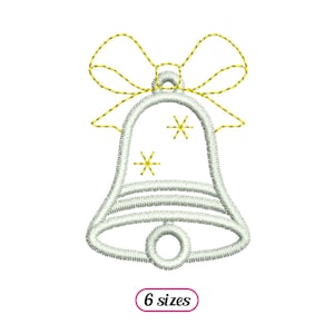 May include: A white bell with a gold bow and stars. The bell is a Christmas ornament and comes in six sizes.