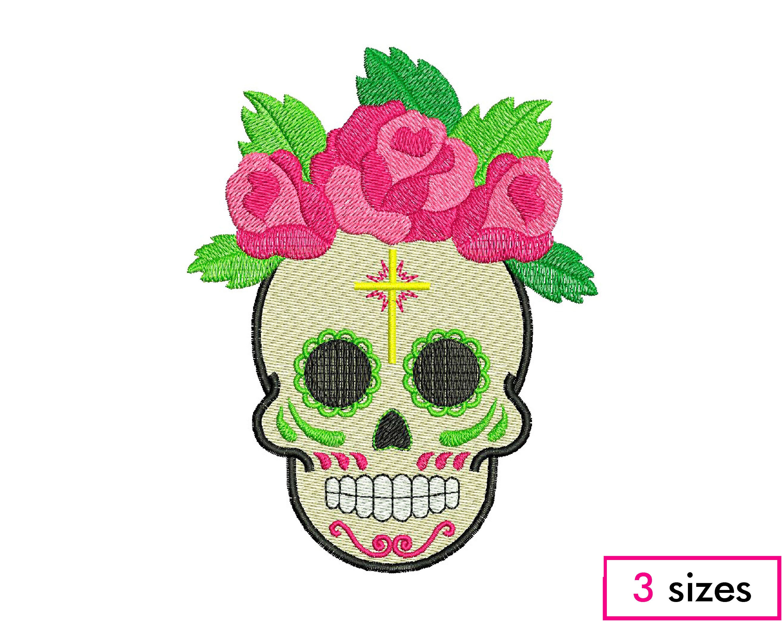 Sugar Skull Embroidery Design Skull With Cross and Roses