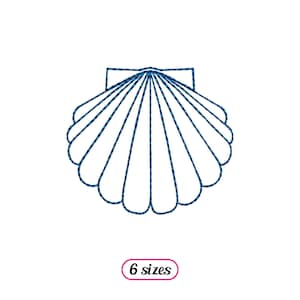 May include: A blue outline of a seashell with a scalloped edge. The image includes the text "6 sizes".