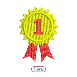 May include: A yellow embroidered first place ribbon with a red number one in the center. The ribbon has a red bow at the bottom.