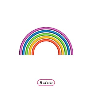 May include: A rainbow embroidery design with six colors: purple, blue, green, yellow, orange, and red. The rainbow is arched and has a white background. The text "9 sizes" is below the rainbow.
