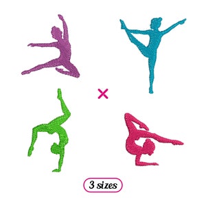 May include: Four different colored silhouettes of a person doing a gymnastic pose. The silhouettes are pink, blue, green, and red. The image includes the text "3 sizes".