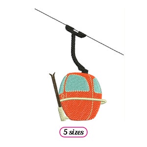 May include: An orange and blue ski lift gondola with a black cable and a ski pole hanging from it. The text "5 sizes" is below the gondola.