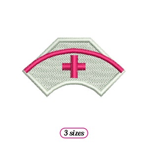 May include: White embroidered nurse's cap with a red cross and a red curved line. The text "3 sizes" is below the cap.