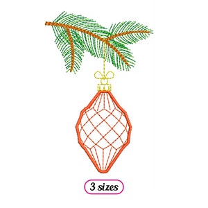 May include: Embroidered design of a red and white Christmas ornament with a green pine branch hanging from the top. The design is available in three sizes.