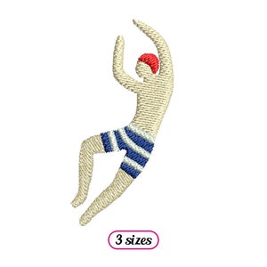 May include: An embroidered design of a person in a swimming pool, wearing a red swim cap and blue and white striped swim trunks. The person is in mid-air, arms raised above their head, as if diving into the water. The design is available in three sizes.