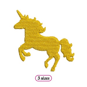 May include: A gold embroidered silhouette of a unicorn with a single horn, standing on its hind legs with its tail curled up.