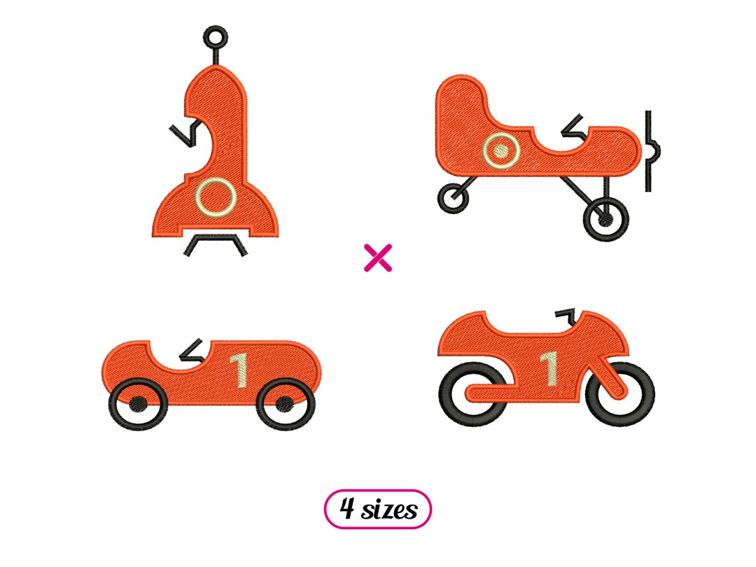 Vehicles Toys Set Machine Embroidery Designs – Space Rocket, Plane, Car ...