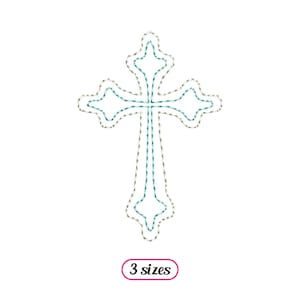 May include: A simple, stylized cross design with a double outline in teal and gray. The cross is outlined in a dashed line style.  The design is available in three sizes.