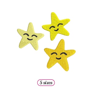 May include: Three embroidered star patches in shades of yellow, each with a smiling face. The patches are in varying shades of yellow, from light to golden. The text "5 sizes" is in a pink oval.