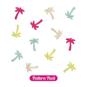 May include: A collection of embroidered palm tree designs in various colors, including pink, yellow, and teal, scattered on a white background. The image includes a pink banner with the text "Pattern Pack".