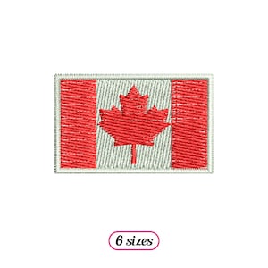 May include: Embroidered Canadian flag patch featuring a red maple leaf on a white background. The patch has a white border and is available in 6 sizes.