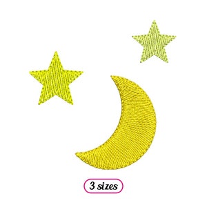May include: A yellow crescent moon and two yellow stars, one with a lighter shade of yellow, on a white background. The image includes the text "3 sizes".