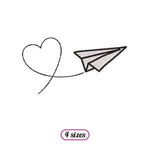 Avião de papel com desenho de bordado de máquina de coração - 4 tamanhos - DOWNLOAD INSTANTÂNEO