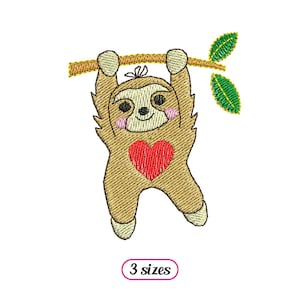 May include: Embroidered design of a brown sloth with a red heart hanging from a branch with green leaves. The design includes the text "3 sizes".