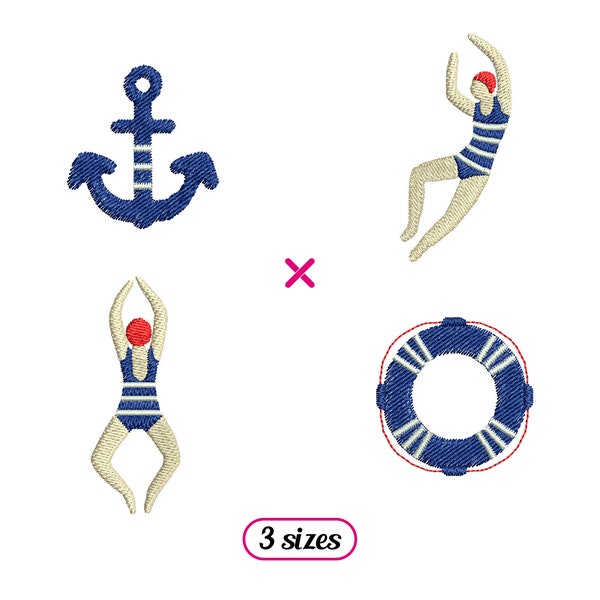 Mini Swimming Icons Set Machine Embroidery Designs – Anchor, Swimmers, Life Ring with Sailor Stripes - 3 sizes - INSTANT DOWNLOAD