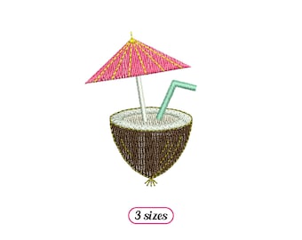 Mini Coconut Cocktail Machine Embroidery design – Summer Coconut Drink with Straw and Paper Parasol – Holidays Cocktail - INSTANT DOWNLOAD