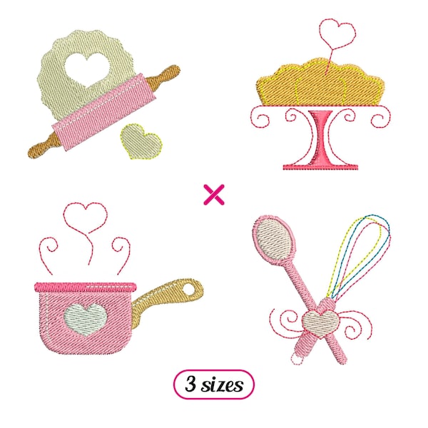 Mini Baking Set Machine Embroidery Designs – Pie Crust Rolling Pin, Cake, Pan, Spoon Whisk - 3 sizes - INSTANT DOWNLOAD