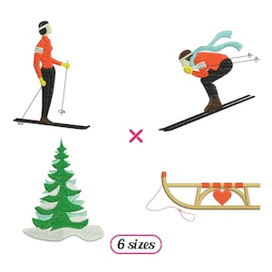 Ski Resort Winter Sport Set Machine Embroidery designs – Standing Skier, Downhill Skier, Fir Tree and Wood Sled - 5 sizes - INSTANT DOWNLOAD