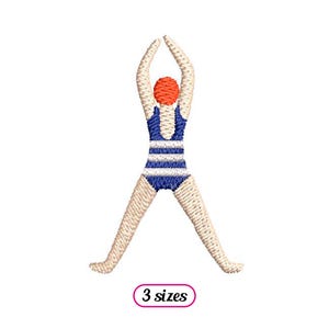 May include: An embroidered patch featuring a swimmer with arms raised above the head, wearing a blue and white striped swimsuit and an orange swim cap. The figure is positioned in a wide stance. Below the figure, the text 3 sizes is visible.