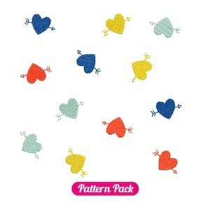 May include: A pattern pack of 12 colorful heart designs with arrows. The hearts are in shades of blue, red, yellow, and green. The arrows are all pointing to the right. The text "Pattern Pack" is at the bottom of the image.